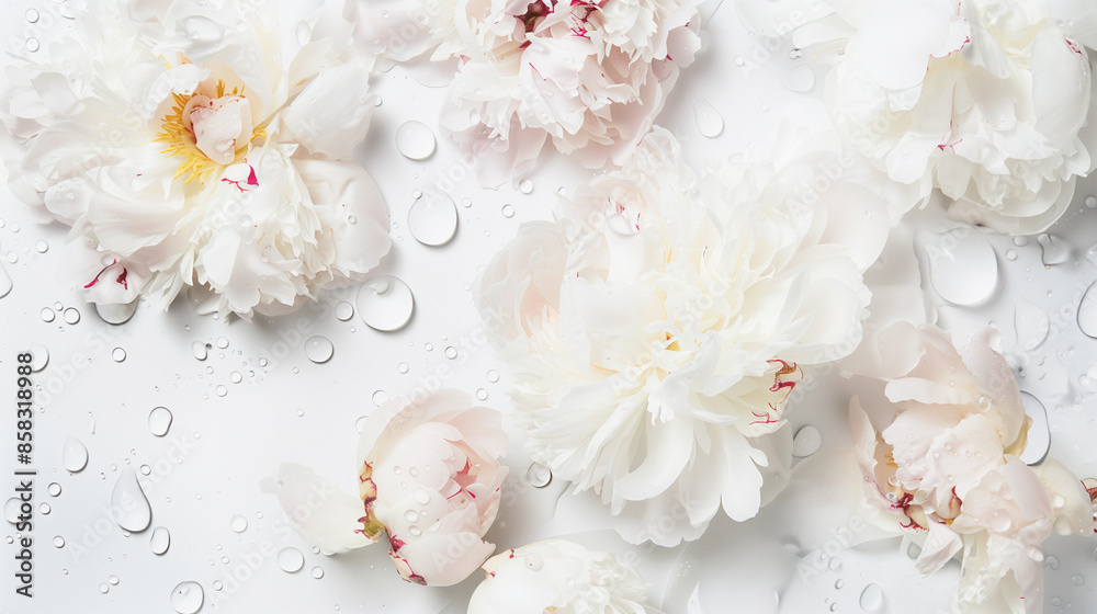 Minimalist design: Expensive peonies in white and soft pink on a mirrored surface with scattered water drops, filling the frame and conveying their luxurious, fresh look.
Minimalist design: Expensive peonies in white and soft pink on a mirrored surface with scattered water drops, filling the frame and conveying their luxurious, fresh look.