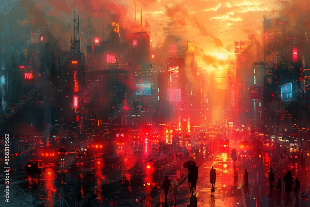 Obraz premium Futuristic Cityscape With Red Sky and Rain at Sunset