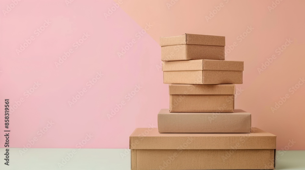 A close-up of a stack of brown boxes and containers against a pastel-colored backdrop, highlighting the copy space for marketing purposes A close-up of a stack of brown boxes and containers against a pastel-colored backdrop, highlighting the copy space for marketing purposes