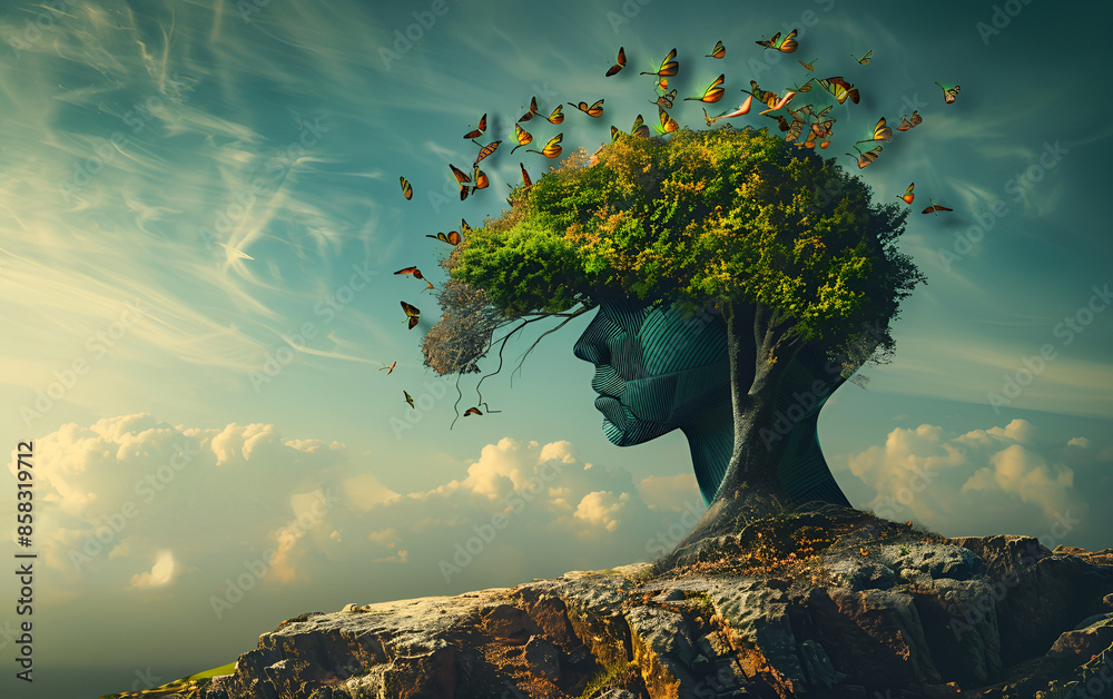 Conceptual image of a person's head made out of nature tree and ...