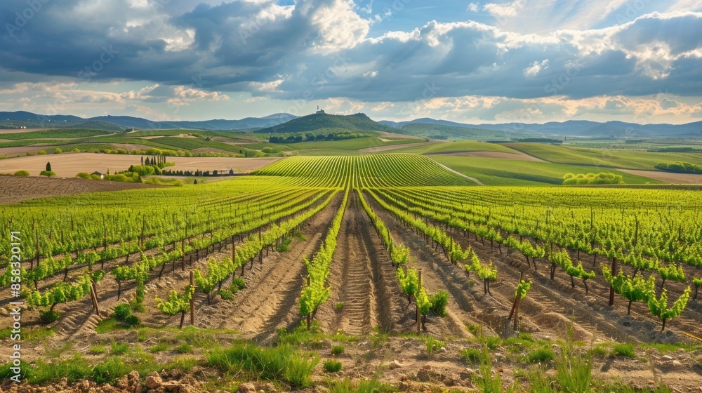 A field of grape vines with a cloudy sky in the background A field of grape vines with a cloudy sky in the background