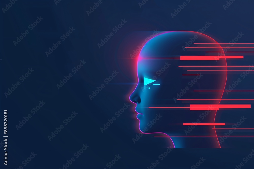 Obraz premium Digital illustration of a human head silhouette with glowing neon highlights and dynamic streaks on a dark background.