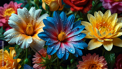 A collection of vibrantly blooming mixed colored flowers, each petal bursting with a unique hue and vibrant life.