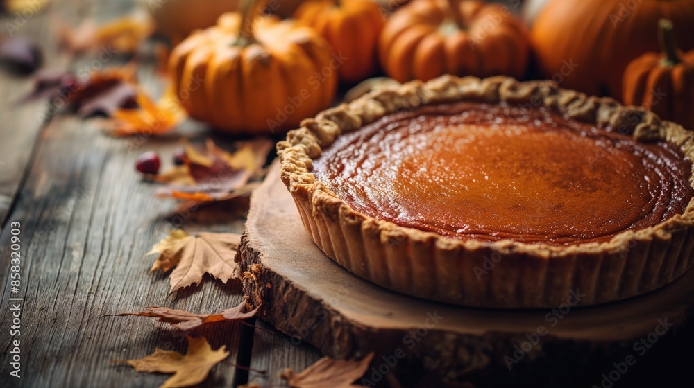 Pumpkin pie on a wooden background. Thanksgiving day. Concept for cozy fall baking