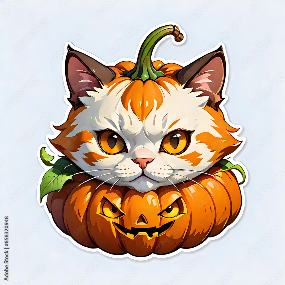 Obraz premium Halloween Cat with Pumpkin. An endearing, isolated illustration of a cat atop a carved pumpkin, perfect for festive designs and seasonal branding.