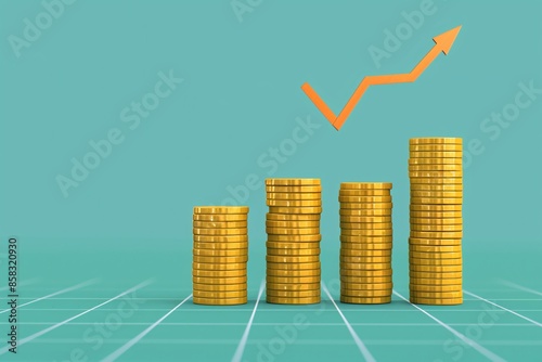 Four stacks of gold coins increasing in height with an upward arrow, symbolizing financial growth, success, and economic progress.