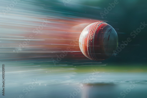 Close-up of a cricket ball being bowled with motion blur capturing the speed and spin.