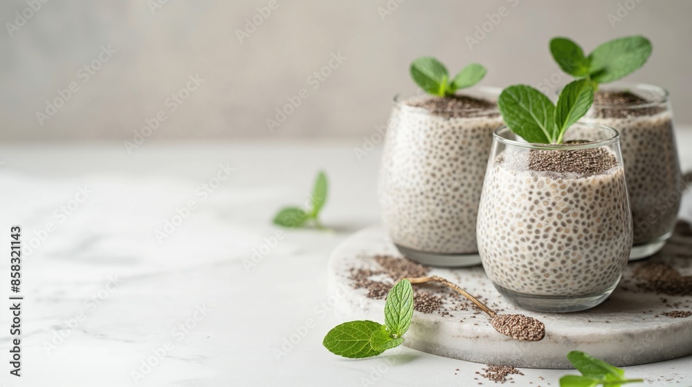 Chia seed pudding on coconut milk with mint on a light background with copy space. The concept of healthy food Chia seed pudding on coconut milk with mint on a light background with copy space. The concept of healthy food