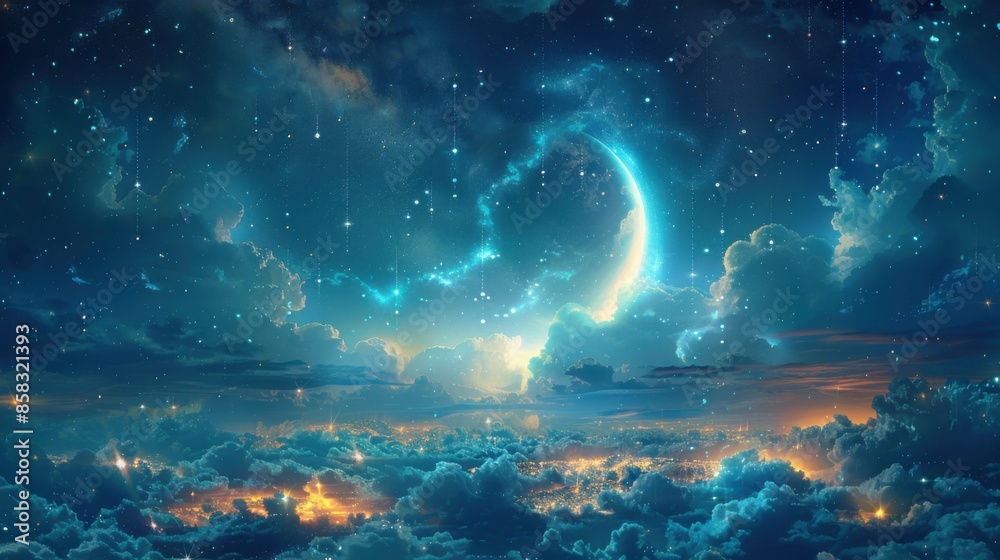 Fototapeta premium Starry night sky with a crescent and stars