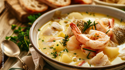Minimalist design featuring a hearty bowl of seafood soup with fish, shrimp, and potatoes in creamy broth covering the frame. Showcases comfort and piquancy of the dish.





