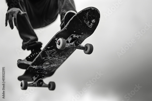 A high-resolution close-up photo of a skateboarder’s hand grabbing the board mid-air during a trick, capturing the skill and control in the movement 