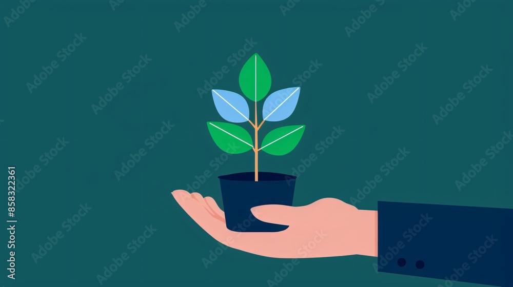 Hand holding a small potted plant with green leaves, symbolizing growth and environmental care, set against a dark green background. Hand holding a small potted plant with green leaves, symbolizing growth and environmental care, set against a dark green background.