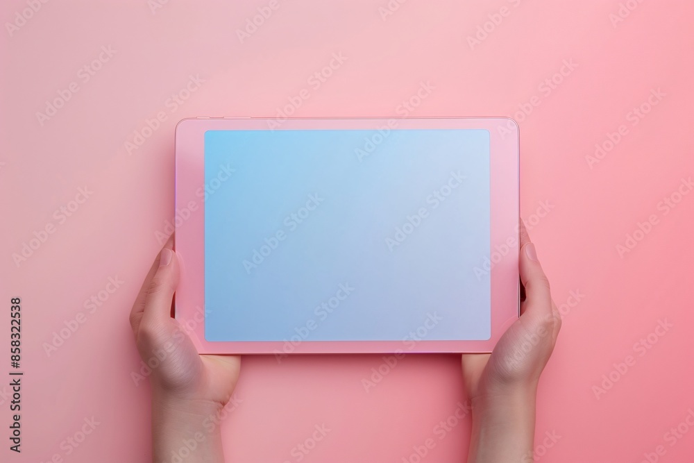 Hands holding a pink tablet with a blank screen on a pink background. Perfect for technology, mockup, and digital device concepts. Hands holding a pink tablet with a blank screen on a pink background. Perfect for technology, mockup, and digital device concepts.