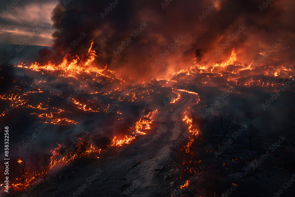 Wildfires consume vast landscapes, fueled by dry conditions and strong winds, leaving trails of destruction in their wake. Wildfires consume vast landscapes, fueled by dry conditions and strong winds, leaving trails of destruction in their wake.
