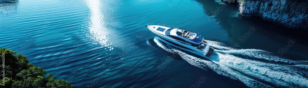 Fototapeta premium A luxury yacht cruising on clear blue waters with a scenic background. Perfect for travel and leisure concepts.