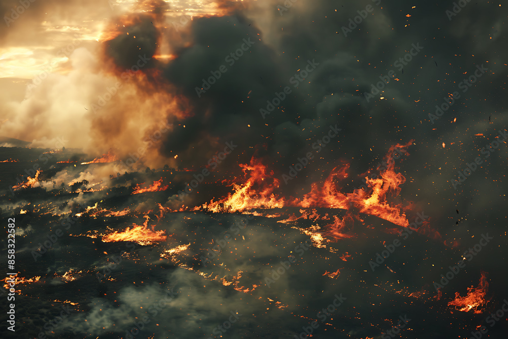 Wildfires consume vast landscapes, fueled by dry conditions and strong winds, leaving trails of destruction in their wake.