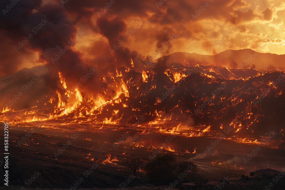 Wildfires consume vast landscapes, fueled by dry conditions and strong winds, leaving trails of destruction in their wake.