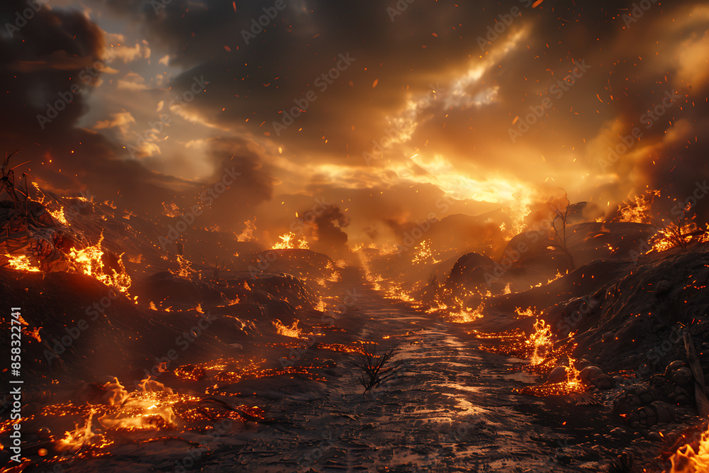 Naklejka premium Wildfires consume vast landscapes, fueled by dry conditions and strong winds, leaving trails of destruction in their wake.