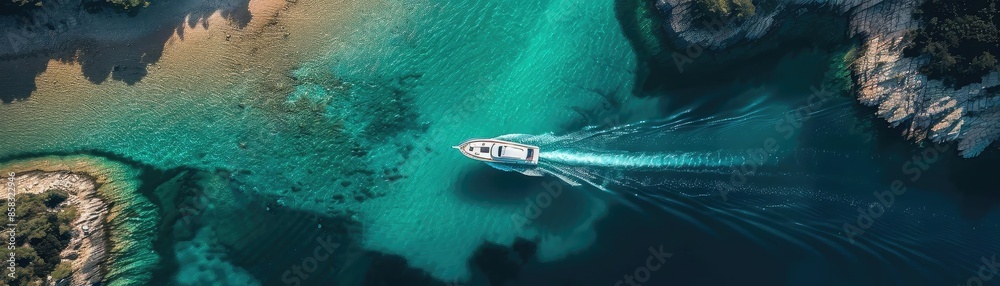 Aerial view of a boat gliding through clear turquoise water surrounded by rocky shores and sandy beach, creating a stunning natural seascape. Aerial view of a boat gliding through clear turquoise water surrounded by rocky shores and sandy beach, creating a stunning natural seascape.
