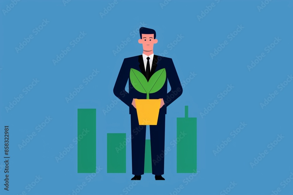 Illustration of a business professional holding a plant, symbolizing growth, sustainability, and eco-friendly practices in corporate settings. Illustration of a business professional holding a plant, symbolizing growth, sustainability, and eco-friendly practices in corporate settings.