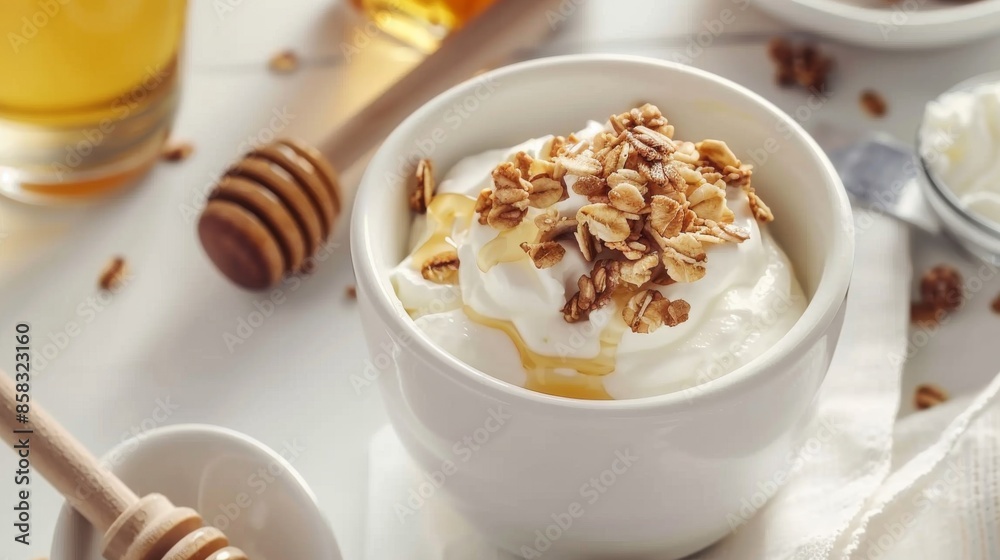 Delicious Breakfast Granola Bowl with Fresh Yoghurt and Honey Drizzle Stock Photo Delicious Breakfast Granola Bowl with Fresh Yoghurt and Honey Drizzle Stock Photo