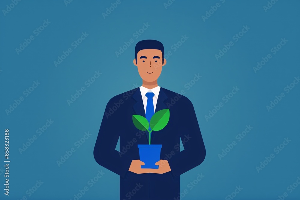 Illustration of a businessman in a suit holding a potted plant, symbolizing growth and sustainability against a blue background. Illustration of a businessman in a suit holding a potted plant, symbolizing growth and sustainability against a blue background.