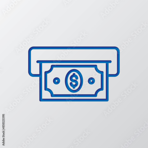 ATM, cash simple icon vector. Flat design. Paper cut design. Cutted blue symbol with shadow. Gray background