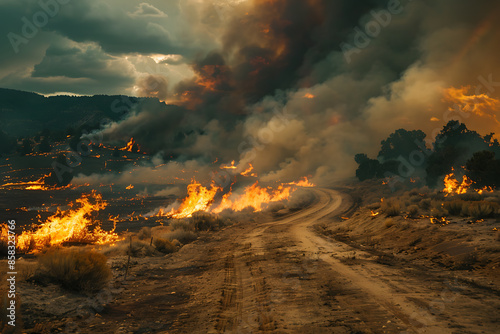 Wildfires consume vast landscapes, fueled by dry conditions and strong winds, leaving trails of destruction in their wake.