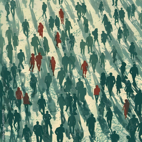 Wallpaper Mural A large crowd of people walking in the same direction, seen from above.  The image is stylized with a  muted color palette and the figures are blurred. Torontodigital.ca
