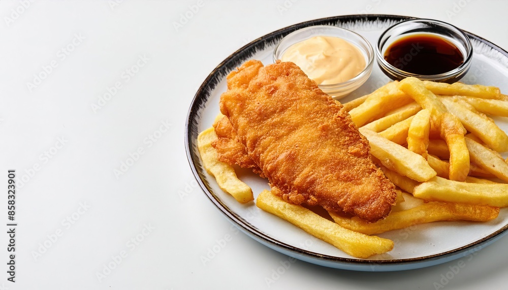 Fish and chips is a hot dish of fried fish in batter, served with chips or french fries. Malt vinegar, ketchup, catsup, tartar sauce are common dipping sauces. isolated on white background Fish and chips is a hot dish of fried fish in batter, served with chips or french fries. Malt vinegar, ketchup, catsup, tartar sauce are common dipping sauces. isolated on white background