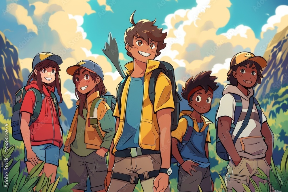 Group of friends with backpacks in the mountains. Vector illustration. Group of friends with backpacks in the mountains. Vector illustration.