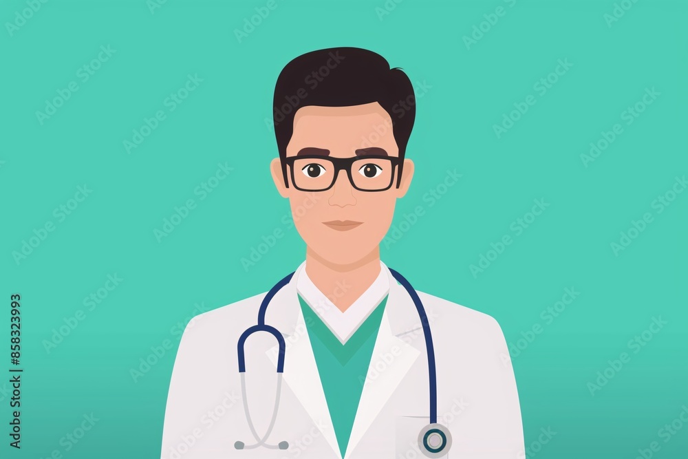 Fototapeta premium Illustration of a male doctor with glasses, stethoscope, and white coat on a green background. Ideal for medical and healthcare themes.