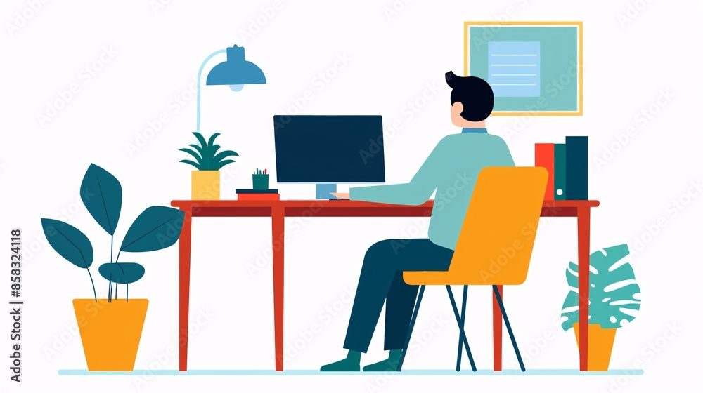 Fototapeta premium Illustration of a man working at a desk with a computer, plants, and office supplies, ideal for remote work or office-themed projects.