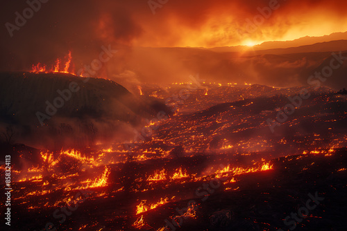 Wildfires consume vast landscapes, fueled by dry conditions and strong winds, leaving trails of destruction in their wake.