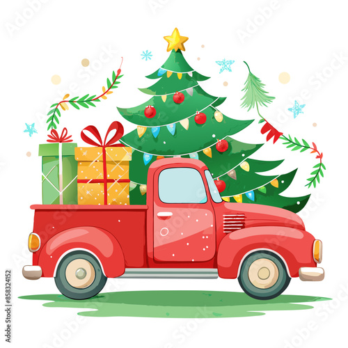 christmas-car-illustration-red-vintage-truck-with © VarotChondra
