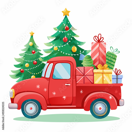 christmas-car-illustration-red-vintage-truck-with © VarotChondra