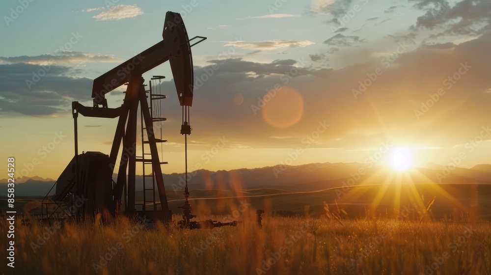 An oil pumpjack operating in a field with the sun setting background An oil pumpjack operating in a field with the sun setting background
