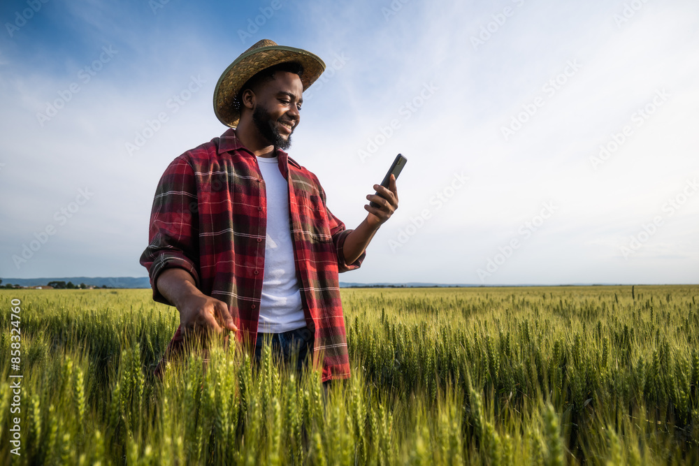 Young farmer using mobile phone while standing in his growing wheat field. Young farmer using mobile phone while standing in his growing wheat field.