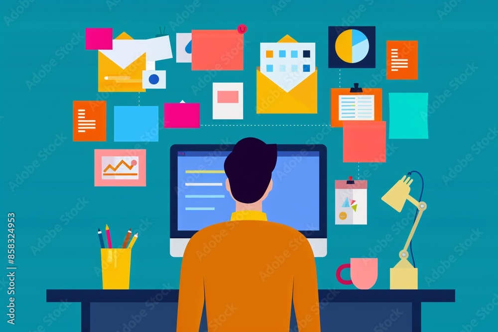Illustration of a person working at a desk with a computer, surrounded by organized documents and charts on the wall.
