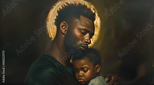 oil painting, renaissance style, an a black man holding his young son, a halo behind their heads, dark background, medium angle photo