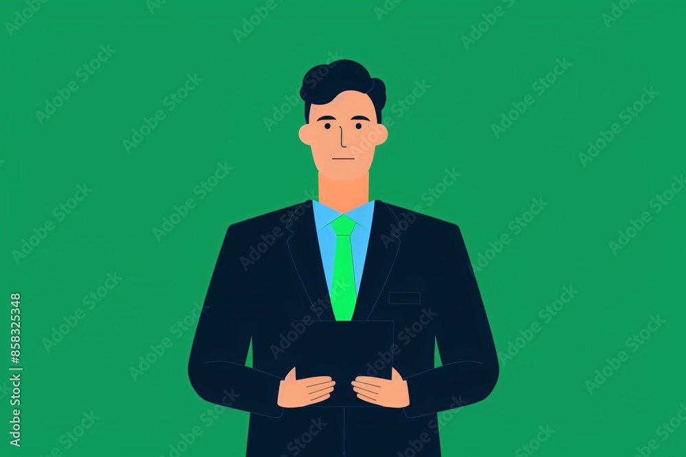 Illustration of a professional man in a suit holding a tablet against a green background. Ideal for business, corporate, and presentation themes. Illustration of a professional man in a suit holding a tablet against a green background. Ideal for business, corporate, and presentation themes.
