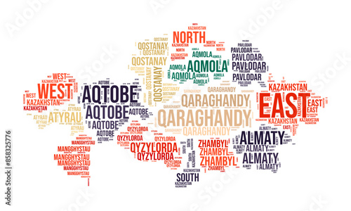 Kazakhstan Word Cloud. Country shape with region division. Kazakhstan typography style image. Region names tag clouds. Vector illustration.