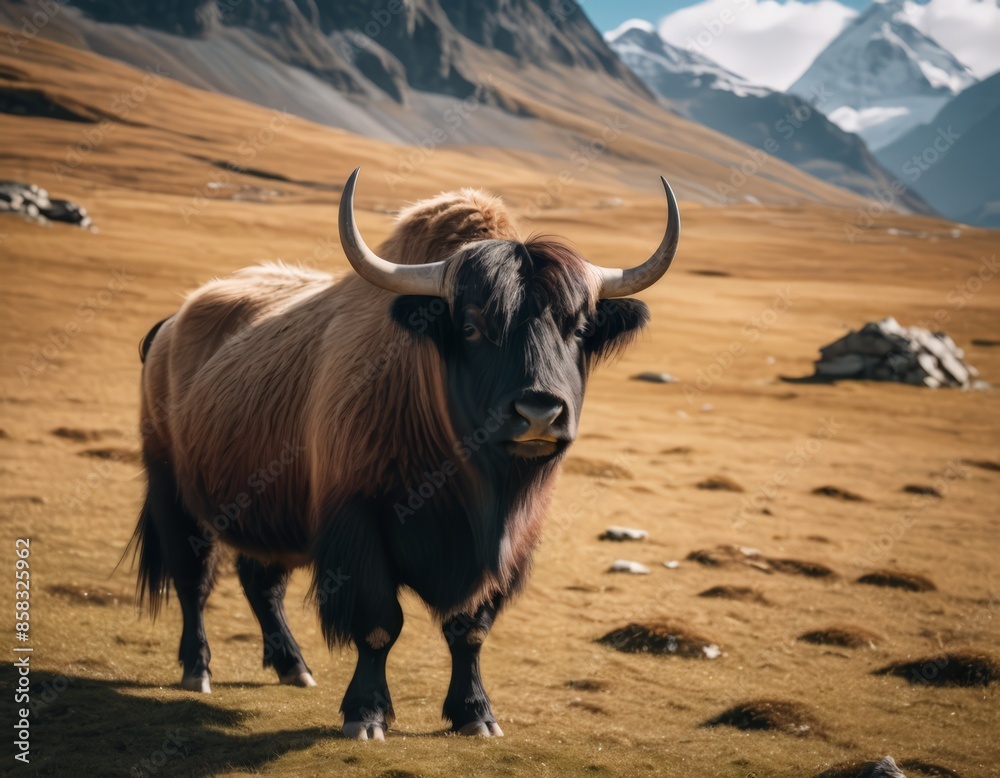 A Brown Bull with Horns in a Field A Brown Bull with Horns in a Field