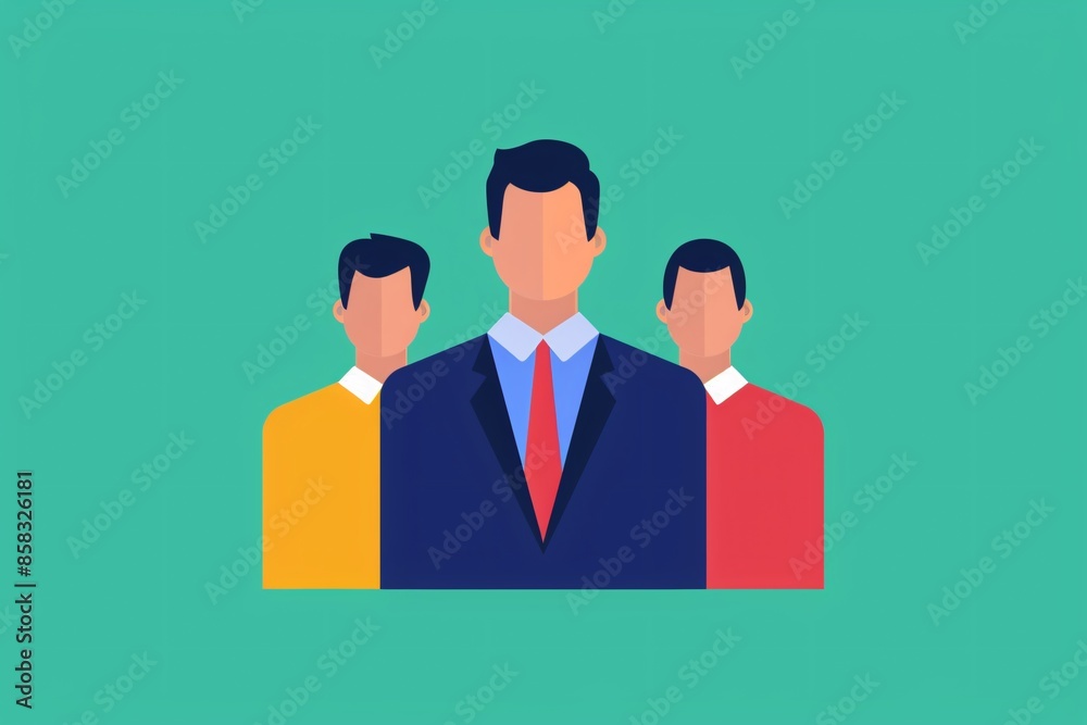Illustration of three business professionals in a flat design style on a green background, depicting teamwork and leadership. Illustration of three business professionals in a flat design style on a green background, depicting teamwork and leadership.