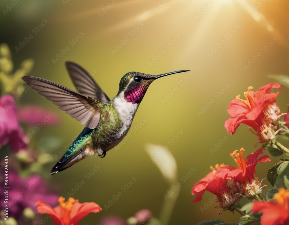 Obraz premium A Hummingbird Flying Over Flowers