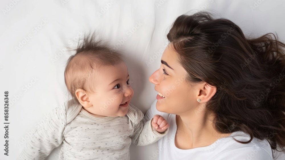 American mother and baby lying down and smiling at each other on a plain white background, perfect for copy American mother and baby lying down and smiling at each other on a plain white background, perfect for copy