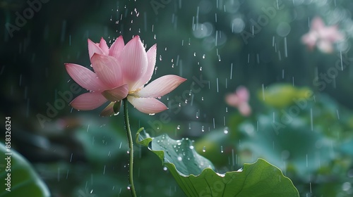 A Beautiful Pink Lotus Flower in Rainy Bloom: