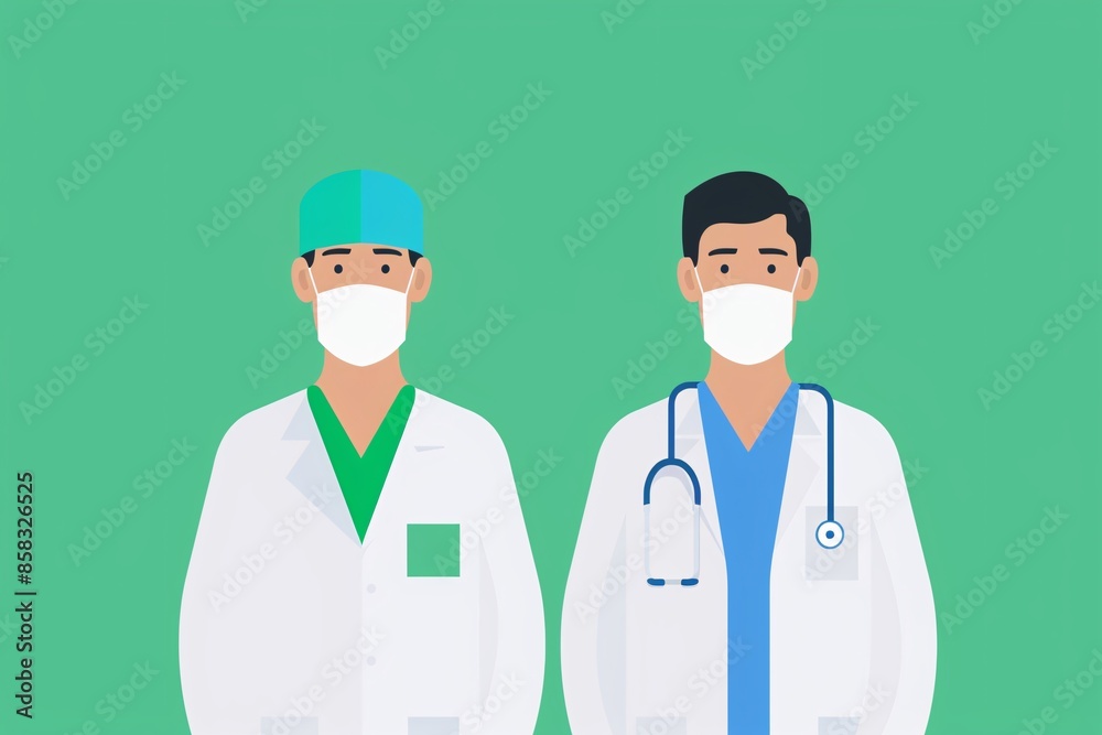 Illustration of two healthcare professionals wearing white coats and masks on a green background. Illustration of two healthcare professionals wearing white coats and masks on a green background.