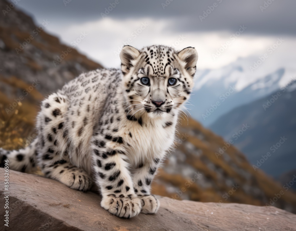 Obraz premium A Snow Leopard on a Rocky Mountain