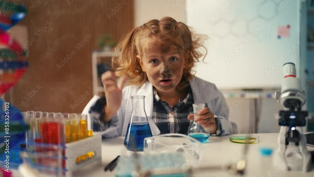 Funny girl in lab coat holds lab flask, explosion after experiment, fun science